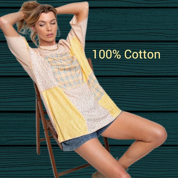 EASEL “Statement Tee” 100% Cotton Mix Print Patchwork Half Sleeves Exposed Seams - Picture 6 of 11